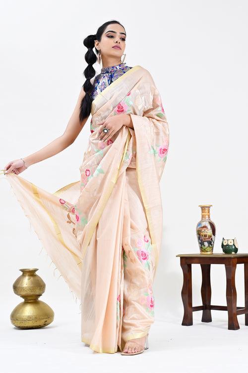 Beige Color Silk Cotton Embroidered Mangalagiri Handloom Saree