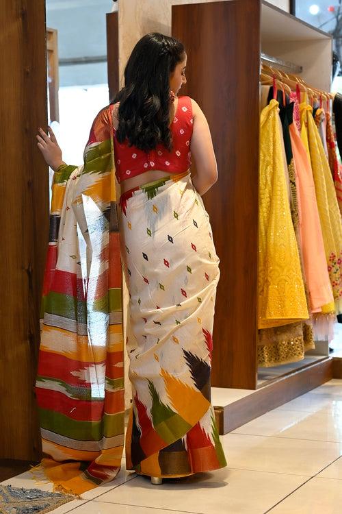 Cream With Multi Color Temple Silk Sambalpuri Handloom Saree