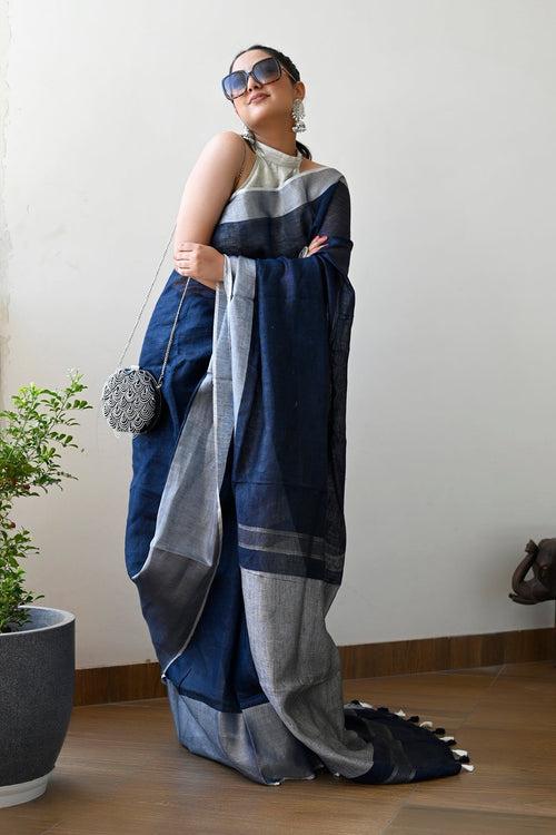 Navy Blue Color Pure Linen Solid Handloom Saree with Silver Border