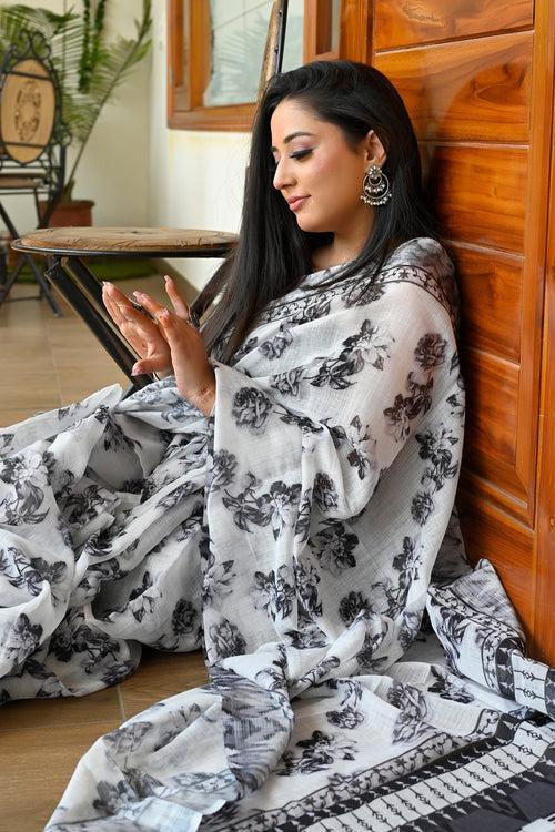 White with Black Linen Saree with Digital Floral Print