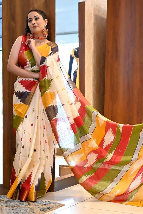 Cream With Multi Color Temple Silk Sambalpuri Handloom Saree