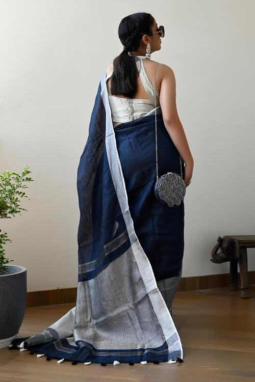 Navy Blue Color Pure Linen Solid Handloom Saree with Silver Border