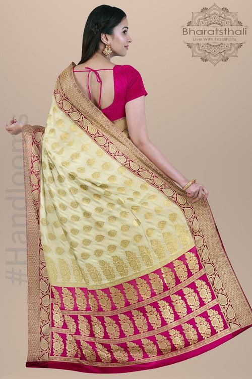 Cream and Magenta Banarasi Silk Woven Saree