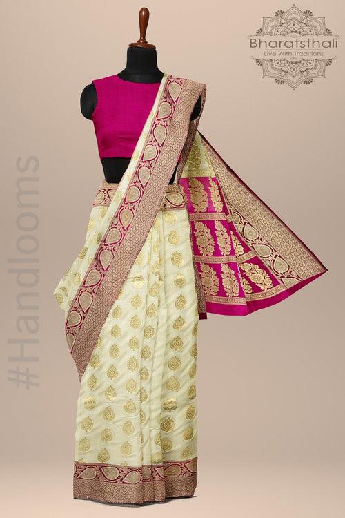 Cream and Magenta Banarasi Silk Woven Saree