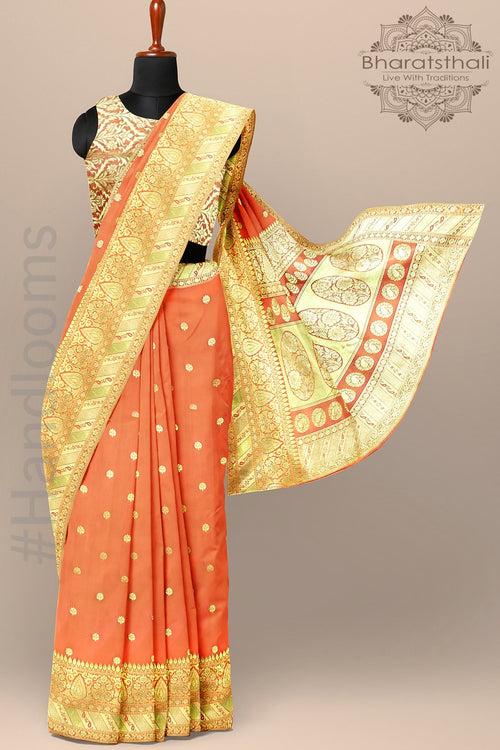 Peach Orange Color with Small Tree Booties Heavy pallu