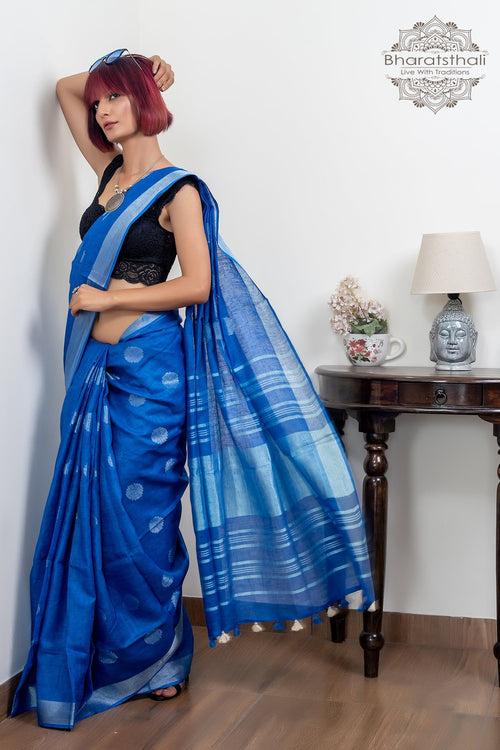 Blue With Silver Border And Booti Pure Linen Saree