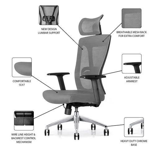 ErgoHuman High Back Office Chair in Grey Color with Headrest