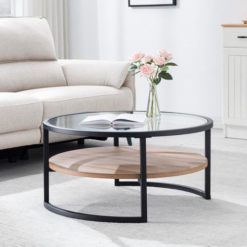 Jenny Center Table in Black Color, Glass Top, Wooden Shelf