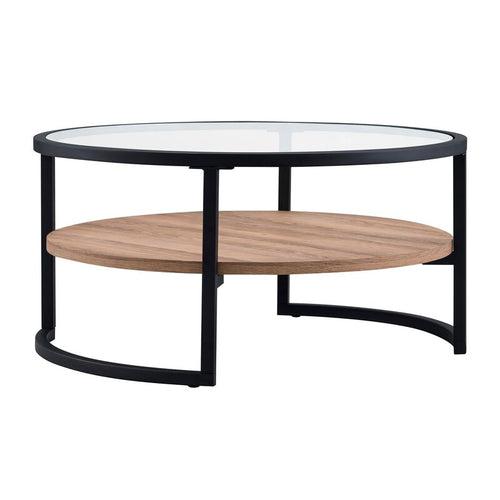 Jenny Center Table in Black Color, Glass Top, Wooden Shelf