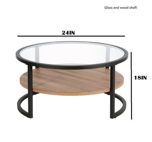 Jenny Center Table in Black Color, Glass Top, Wooden Shelf