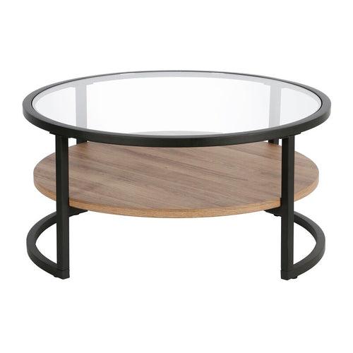 Jenny Center Table in Black Color, Glass Top, Wooden Shelf