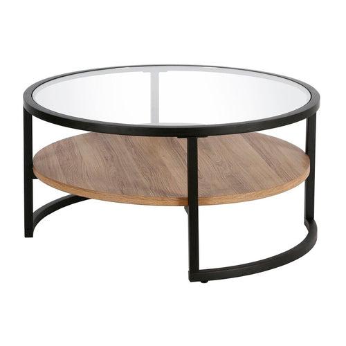 Jenny Center Table in Black Color, Glass Top, Wooden Shelf