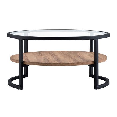 Jenny Center Table in Black Color, Glass Top, Wooden Shelf