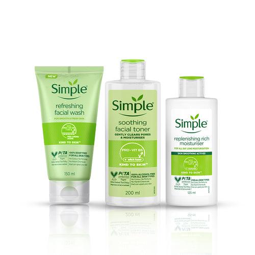 Kind to Skin Refreshing Facial Wash, Soothing Facial Toner & Replenishing Rich Moisturiser Combo - (150ml +200ml +125ml)