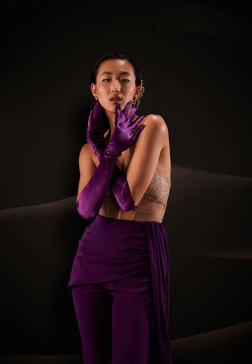 Embellished Corset Jumpsuit with Side Trail in Purple
