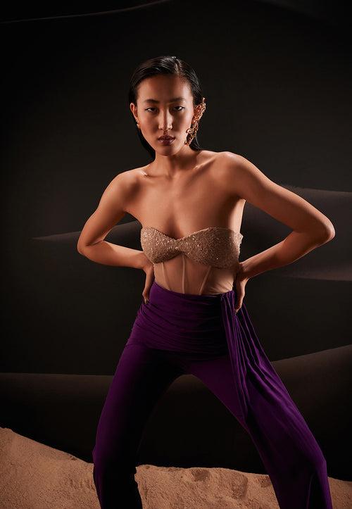 Embellished Corset Jumpsuit with Side Trail in Purple