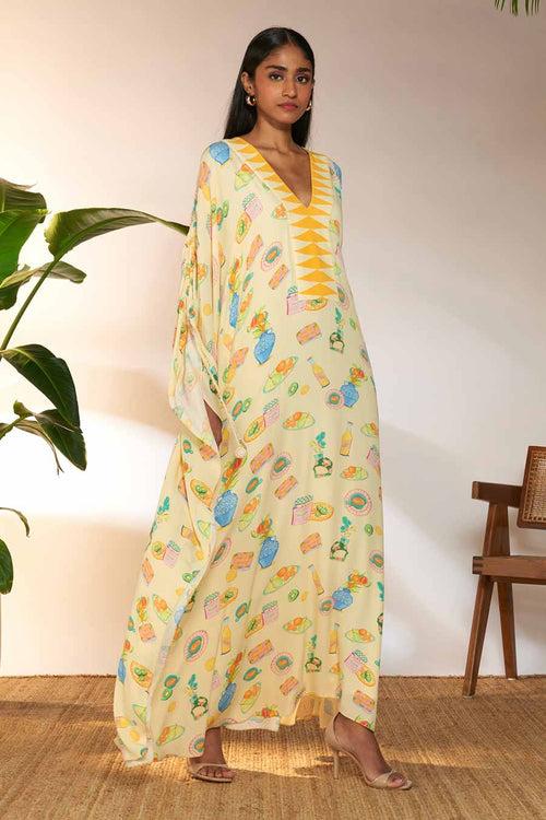 Ivory Printed Ruched Long Kaftan