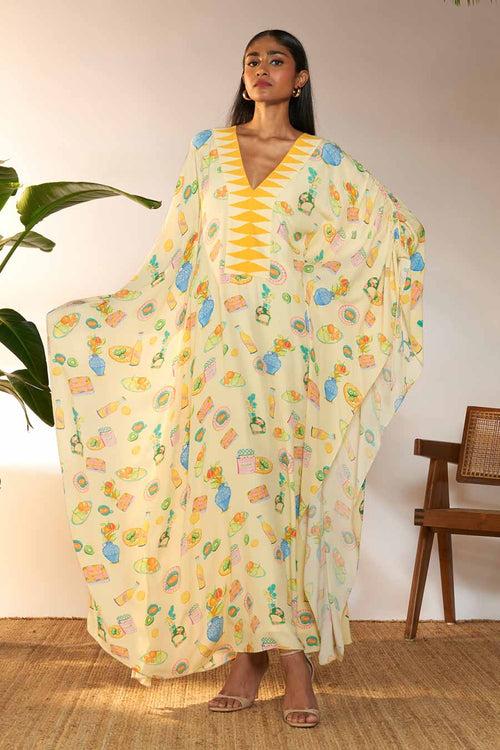 Ivory Printed Ruched Long Kaftan