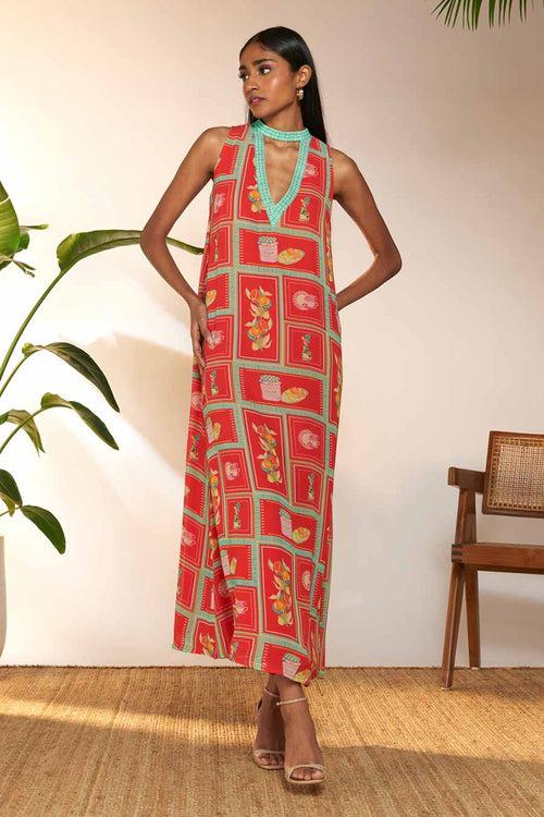 Red Checkmate Printed Maxi Dress