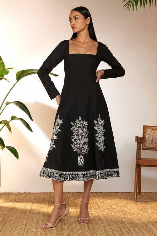 Black Embroidered Panel Dress