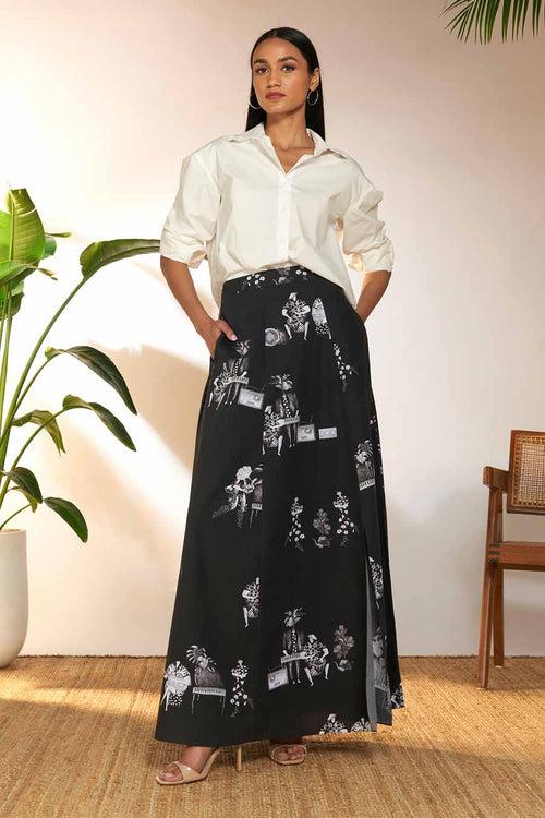 Black Tropicool Greyscale Printed Maxi Skirt