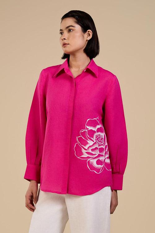 Fuchsia Pink Blooming Rose Embroidered Shirt