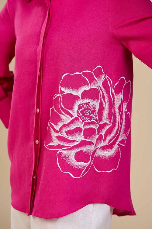 Fuchsia Pink Blooming Rose Embroidered Shirt