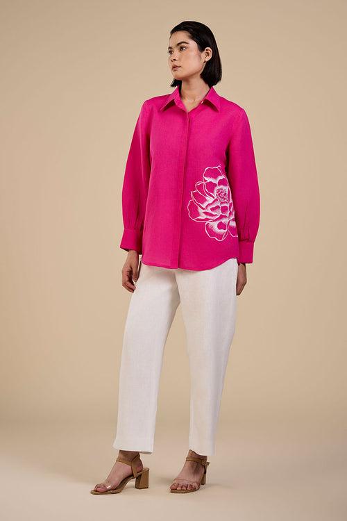 Fuchsia Pink Blooming Rose Embroidered Shirt