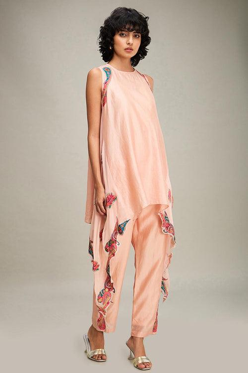 Peach Qala Applique Asymmetric Tunic & Pant Set