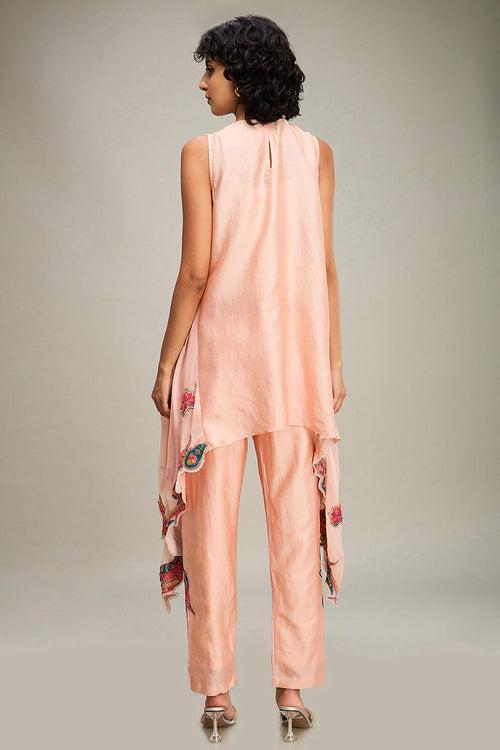 Peach Qala Applique Asymmetric Tunic & Pant Set