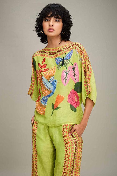 Green Avain Printed Kimono Top & Pant Co-Ord Set