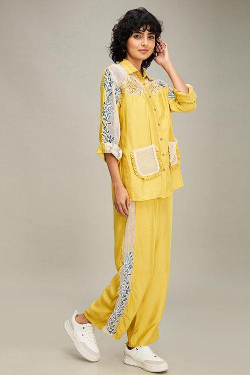 Yellow Zinnia Applique Shirt & Pant Co-Ord Set