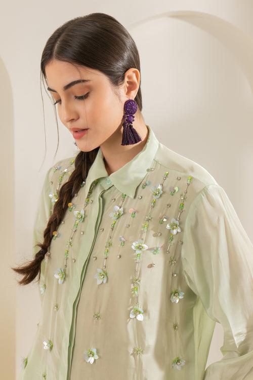 Mint Green Embellished Oversized Shirt With Pants