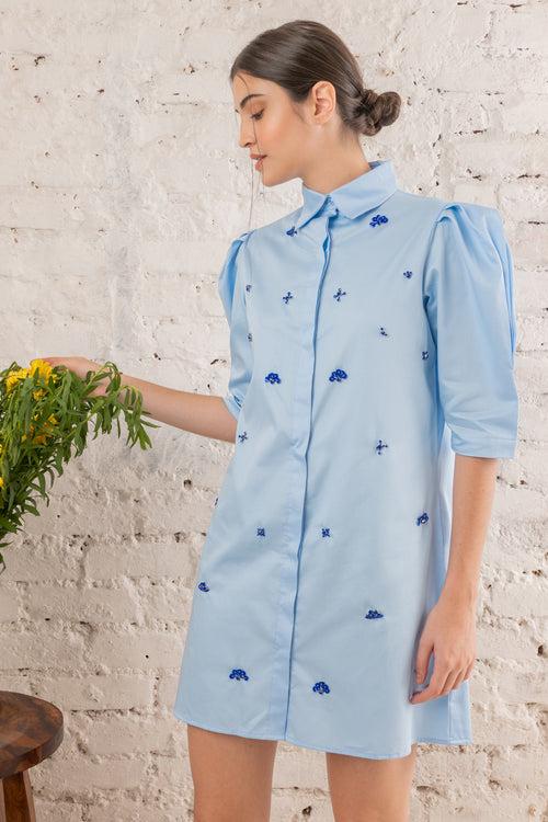 Powder Blue Cotton Dress With Embellished Front