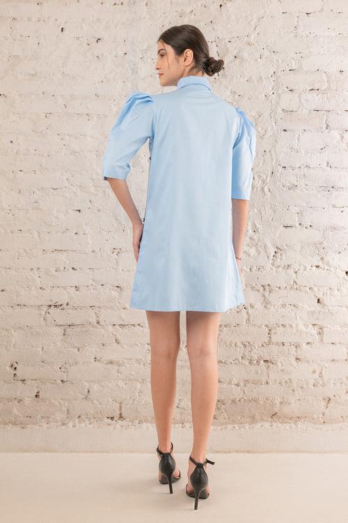 Powder Blue Cotton Dress With Embellished Front