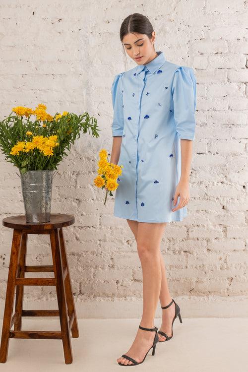 Powder Blue Cotton Dress With Embellished Front