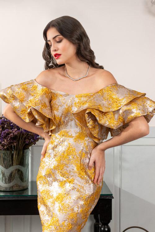 Yellow Brocade Short Dress