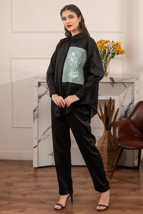 Black Patch Embellished Oversized Shirt With Pants