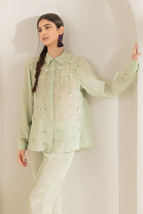 Mint Green Embellished Oversized Shirt With Pants