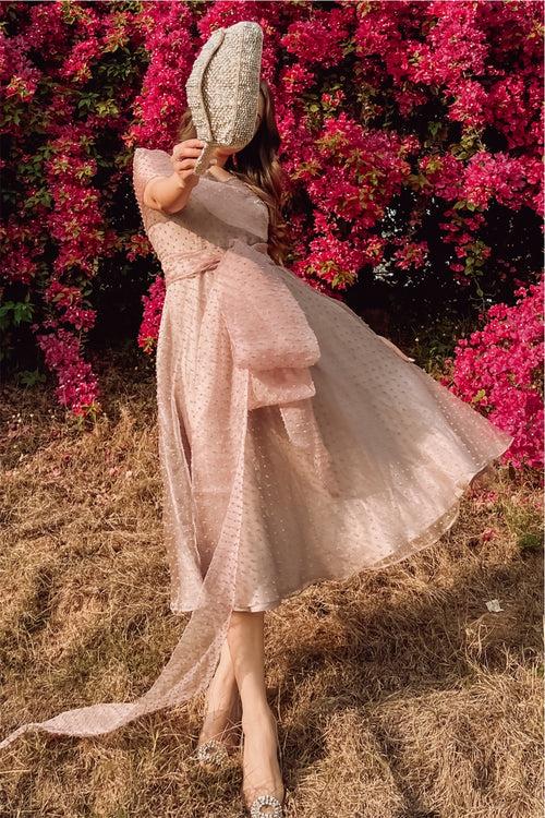 Sania Chadha In Dirty Pink Dotted Organza Midi Dress