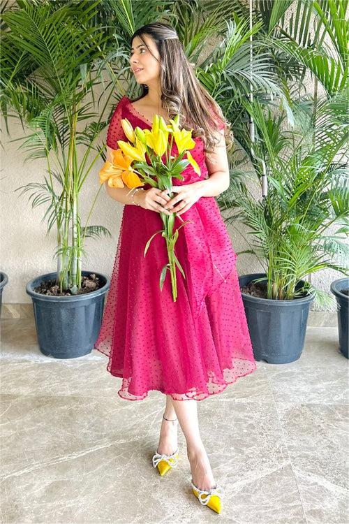 Anushka Yadav Sabherwal  In Red Dotted Textured Midi Dress