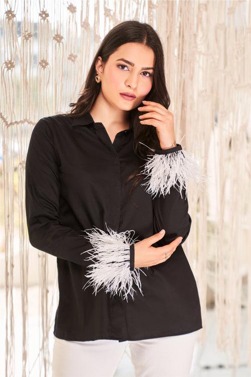 Black Shirt With Feathered Sleeves