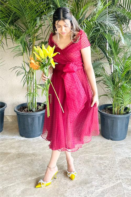 Anushka Yadav Sabherwal  In Red Dotted Textured Midi Dress