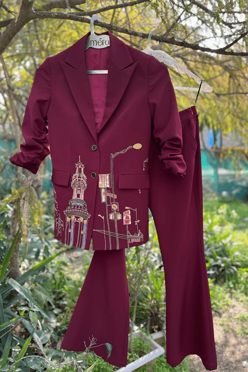 Maroon Embroidered & Embellished Pant Suit