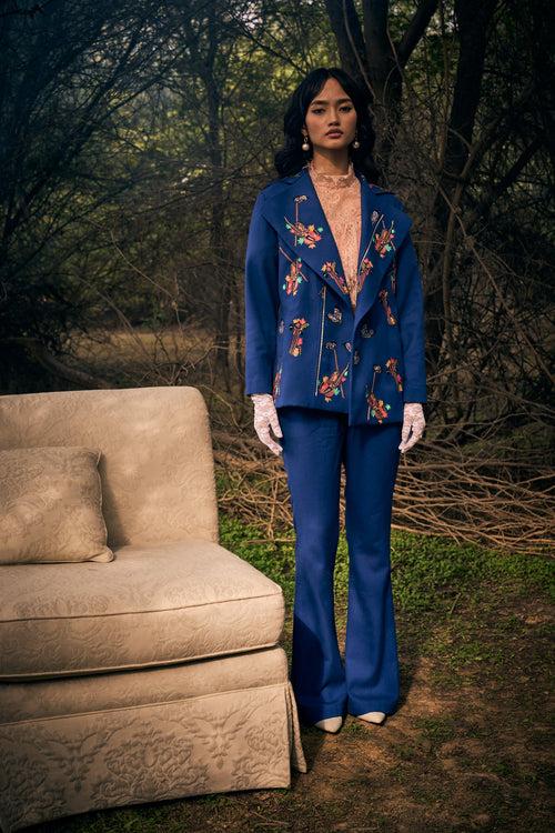 Blue Embroidered Jacket With Pants