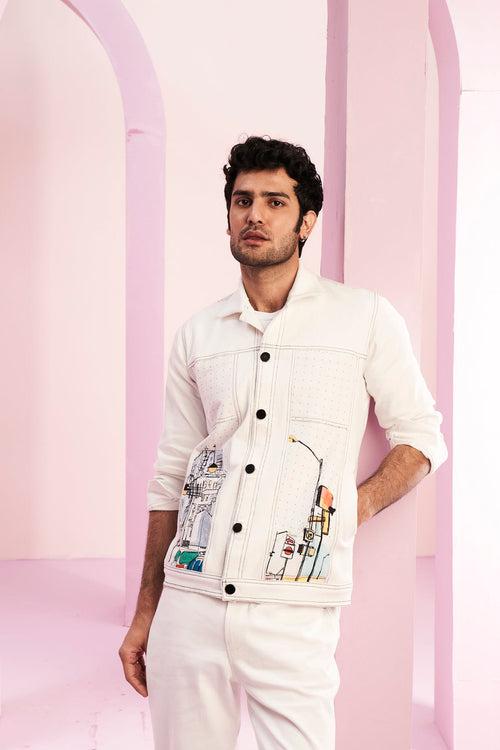 White Denim City Print Men's Set