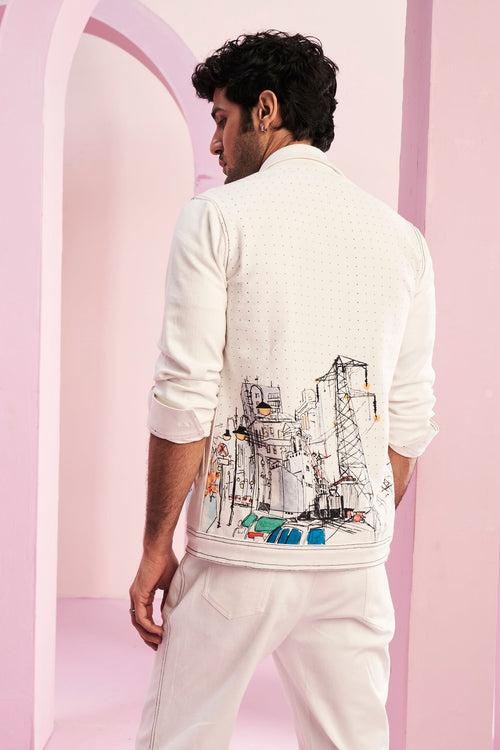 White Denim City Print Men's Set