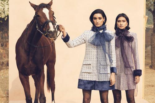 Blue Tweed Dress with Organza Necktie