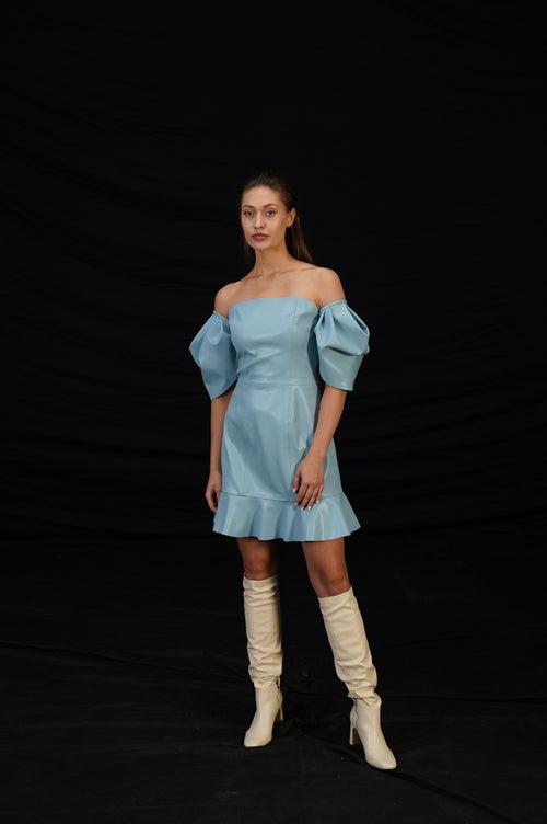 Pale Blue Faux Leather Dress