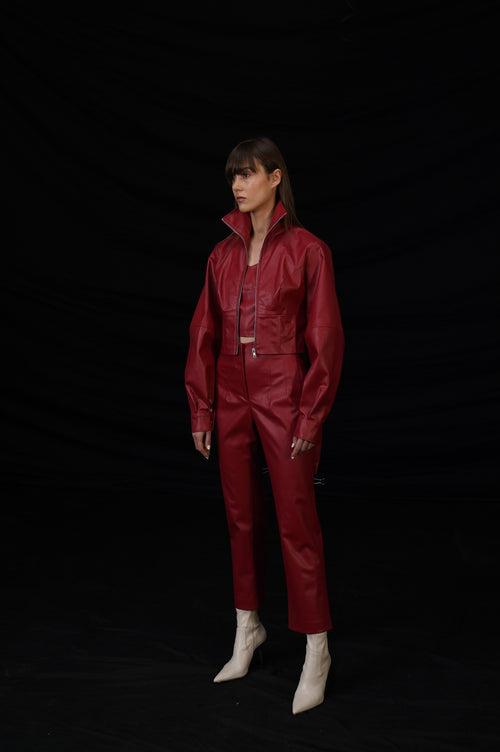 Red Faux Leather Jacket Set